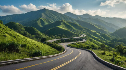 Fototapeta premium Winding asphalt road through lush green rolling mountains under a blue sky landscape