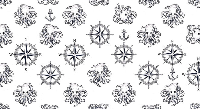 Nautical vintage pattern with kraken sea monsters and compass roses for marine adventure