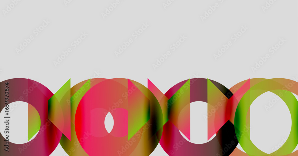 Poster colorful overlapping circles form abstract pattern. white space dominates top portion, black bottom.