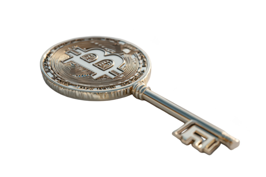 Golden key shaped with a Bitcoin coin, symbolizing access and security in crypto