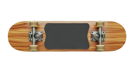 A skateboard with a wooden deck, black grip tape, and silver trucks and wheels.