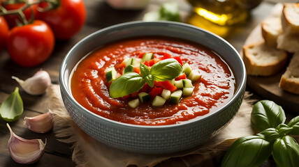 Delicious Gazpacho Soup with Fresh Basil and Vegetables in a Rustic Setting Perfect for a Summer Meal