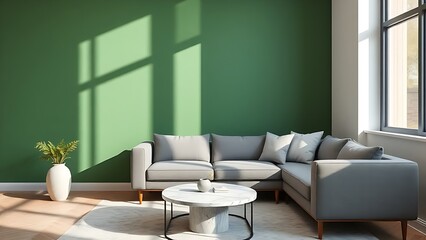 Contemporary lounge blends gray sofa with emerald accent wall, accented by marble table decor.