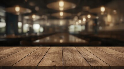 Empty dark wooden table in front of abstract blurred bokeh background of restaurant . can be used for display or montage your products.Mock up for space