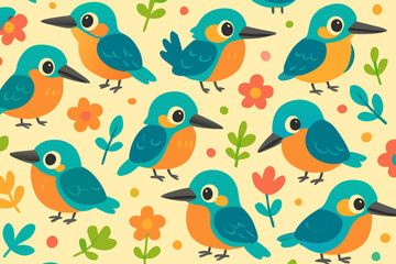 Cute Kingfisher Birds and Flowers Pattern Seamless Background