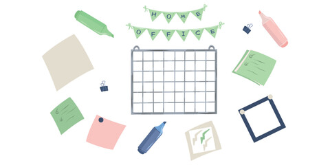 Office stationery set, Desk planner and sticky notes flat set, Home Office planner layout and stationery icons