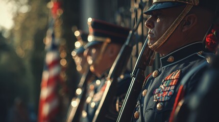 Obraz premium Soldiers with rifles guard a memorial at a sunset ceremony for service members