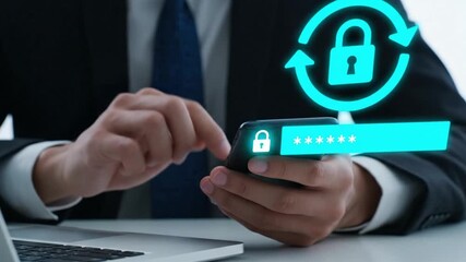 Cybersecurity concept Businessman uses smartphone for secure password entry and data protection highlighting digital privacy and online security measures - Powered by Adobe