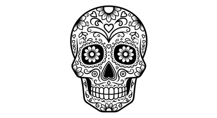 Detailed Outline Sugar Skull Decoration with Floral Elements Illustration