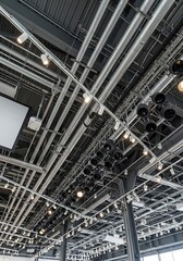 Complex Industrial Ceiling with Exposed Pipes and Lighting System.