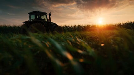 Fototapeta premium Tractor silhouetted against a vibrant sunset in a cornfield