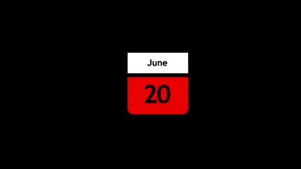 20 JUNE Daily Calendar icon animation on transparent background.