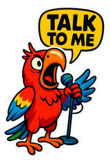Obraz premium Cartoon parrot singing with microphone and speech bubble saying talk to me on transparent background