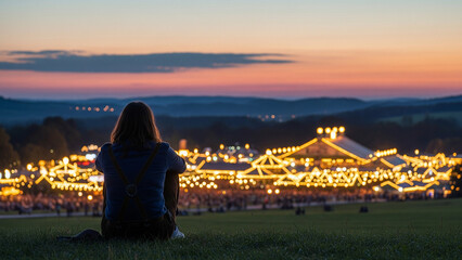 Obraz premium Woman watching glowing Oktoberfest tents at dusk