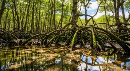 Obraz premium Dense mangrove forest with intricate root systems visible above water, creating a unique and vital coastal ecosystem.