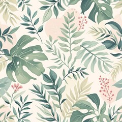 Fototapeta premium Seamless tropical leaf pattern with monstera and palm leaves in green and pink