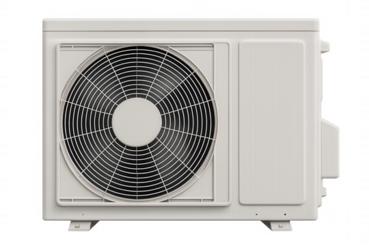 Air conditioner external unit with rotating fan blades providing cooling and climate control, isolated on transparent background