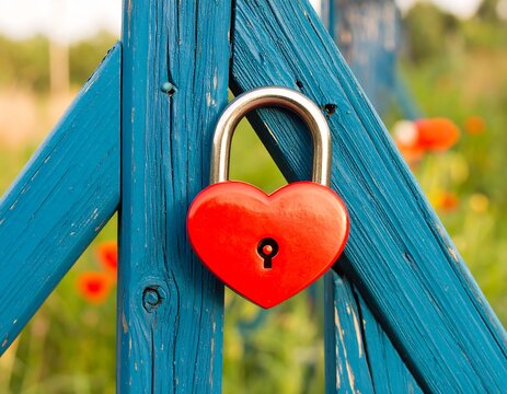 Heart-shaped padlock on a weathered blue fence - Powered by Adobe