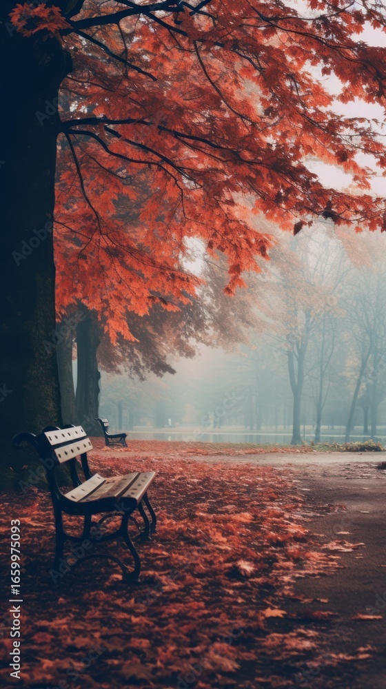 Poster autumn bench architecture tranquility.