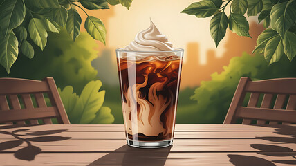 Iced Coffee Indulgence A Refreshing Beverage on a Wooden Table Surrounded by Nature's Beauty and Serene Tranquility