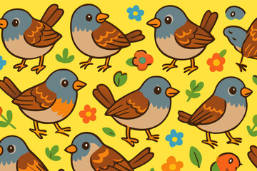 Cute Birds and Flowers Seamless Pattern