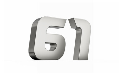 3d Silver number 61 Sixty one sleek metallic look isolated on white background, 3d illustration