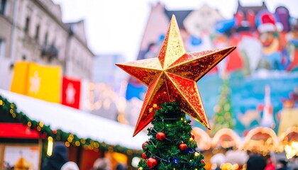 Festive christmas star atop a small tree at a winter market, showcasing vibrant colors and a festive atmosphere.