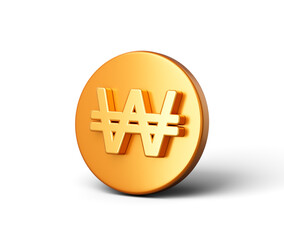 3D Golden coin with a Won symbol, representing Korean currency and finance, 3d illustration
