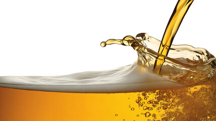 Golden Liquid Cascade A Beer Pour Displaying Bubbles and Foam in a Refreshing Glass Awaits Consumption on a White Canvas