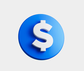 3d Blue circular button with a white dollar symbol in the center. 3D Illustration.
