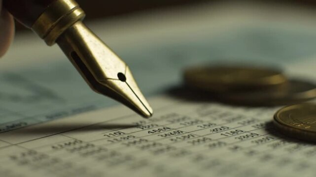 Detailed View Vintage Fountain Pen on Financial Ledger with Coins Accounting Budgeting and Business Management Concepts for Finance  Investment