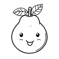 Smiling cartoon pear with leaves designed for coloring activities and children's art projects