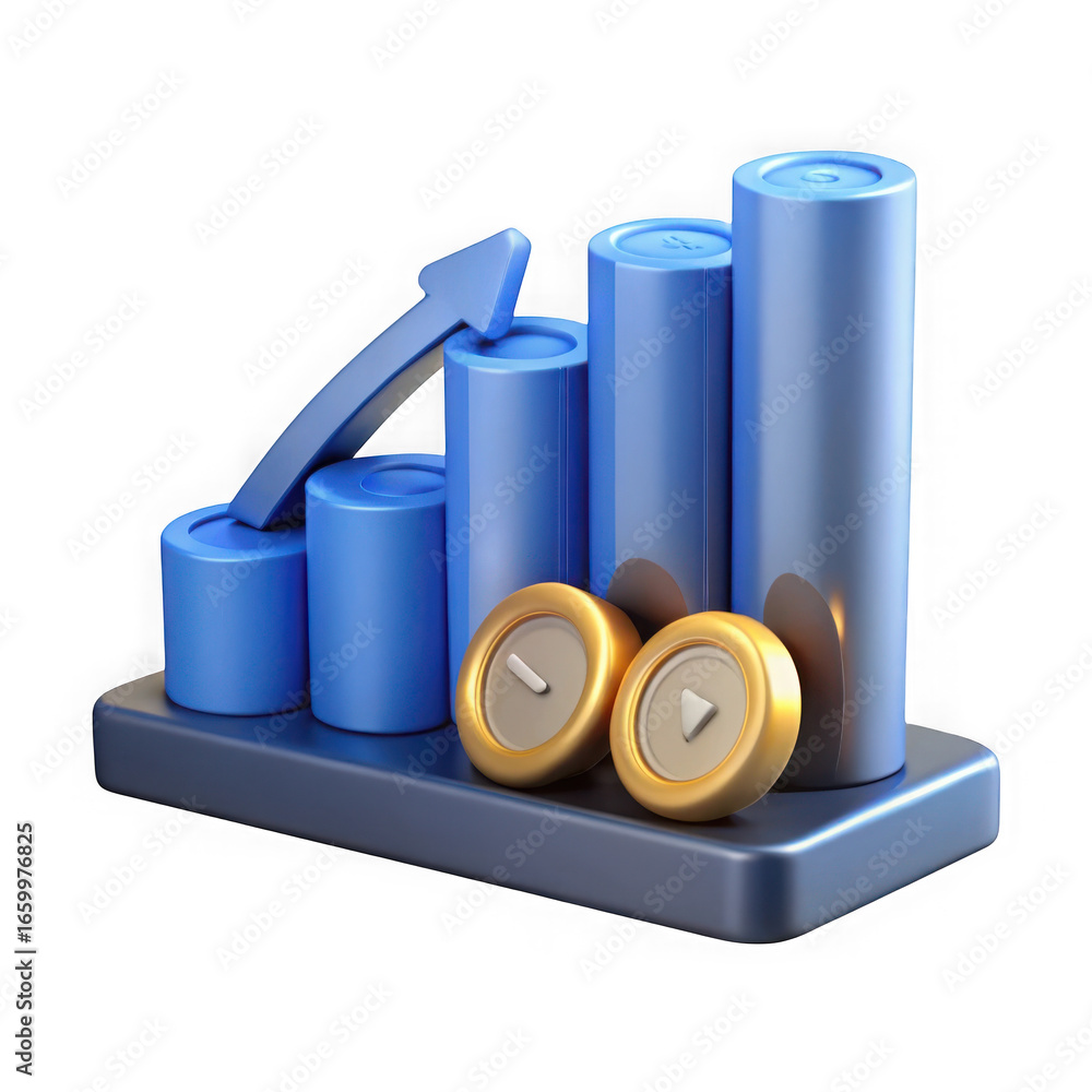 Poster 3d blue bar graph with upward arrow and gold coins on a black background chart data isolated on a tr