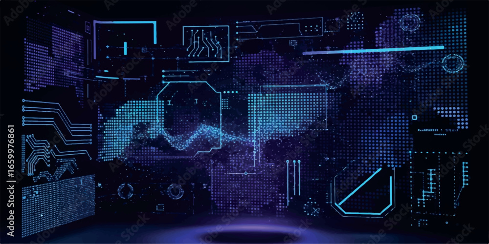 Poster futuristic digital background with glowing interface and data streams