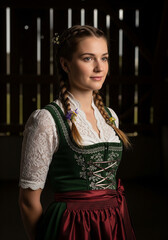 Young woman in dirndl dress under soft lighting