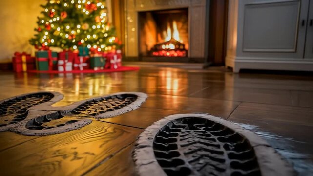 Snowy boot prints lead across a wooden floor towards a Christmas tree, evidence of Santa's visit
