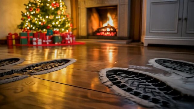 Snowy boot prints lead across a wooden floor towards a Christmas tree, evidence of Santa's visit