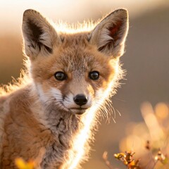 Fototapeta premium A cute fox cub bathed in the warm glow of the morning sun