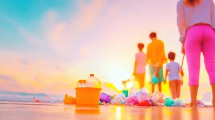 Family collects trash on beach during sunset to clean the environment