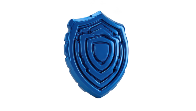 Blue, layered shield, 3D render, shiny, isolated on black background. Concept of security