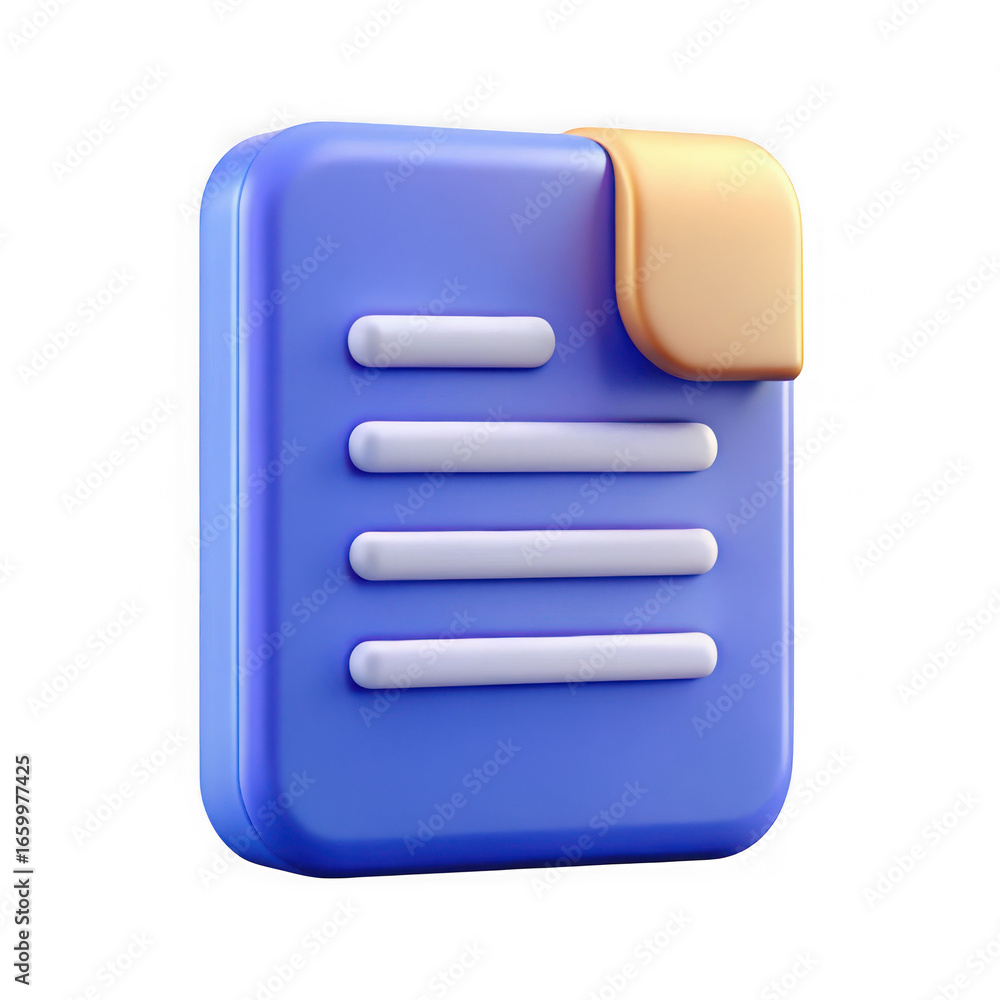 Poster 3d blue document icon with orange tab and white lines on black background file paper isolated on a t
