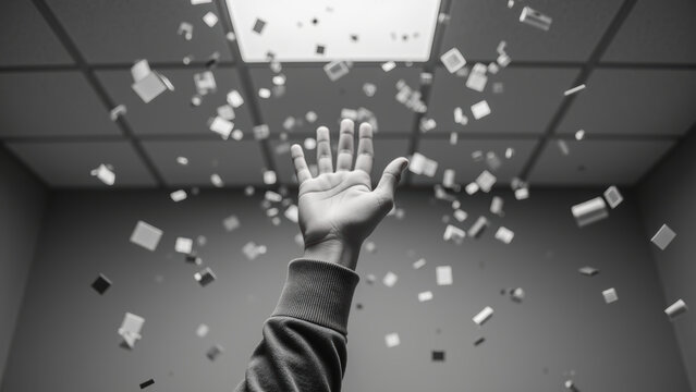 Hand reaching upward amidst falling confetti in minimalist room creates sense of celebration and joy