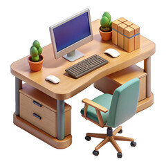 Wooden desk with computer isolated on transparent background