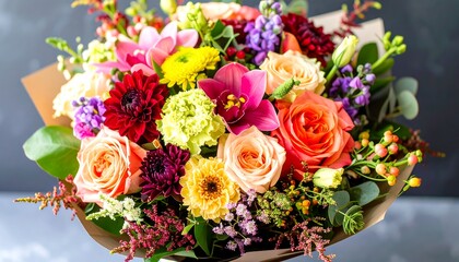 A vibrant bouquet of colorful flowers, featuring roses, orchids, and dahlias, arranged beautifully in a gift wrap.