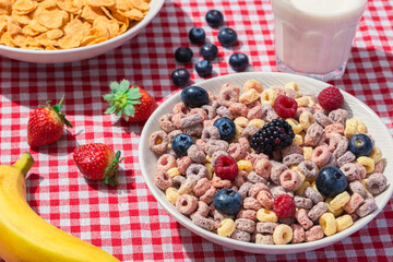 Two bowls of cereal with fruits on red checkered tablecloth, one with cornflakes, strawberries, kiwi, and another with colorful loops, blueberries, raspberries, blackberry, banana, and milk