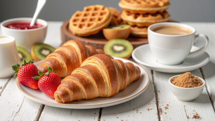 Delicious croissants and waffles served with fresh strawberries, kiwi, and cup of coffee create cozy breakfast scene