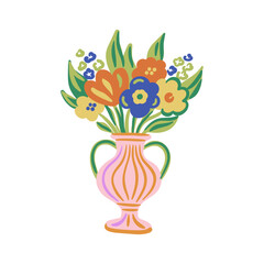 Colorful bouquet of abstract flowers in decorative vase. Vector illustration in hand drawn style isolated on white background. Floral arrangement. Design for greeting card, invitation, print 