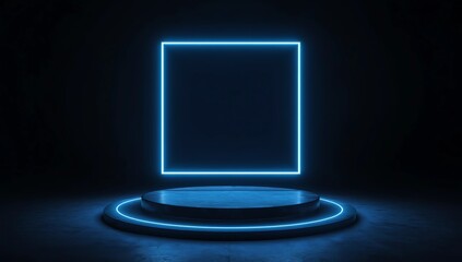 Abstract neon banner with pedestal. 3d podium with blue neon square. Abstract background for promotion goods. Vector illustration with blank space. Minimal concept banner. Mockup template.