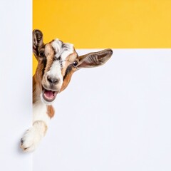 A playful goat peeking around a corner with a cheerful expression 
