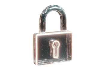 Glowing glass padlock on black background. Represents security, privacy, access, and protection